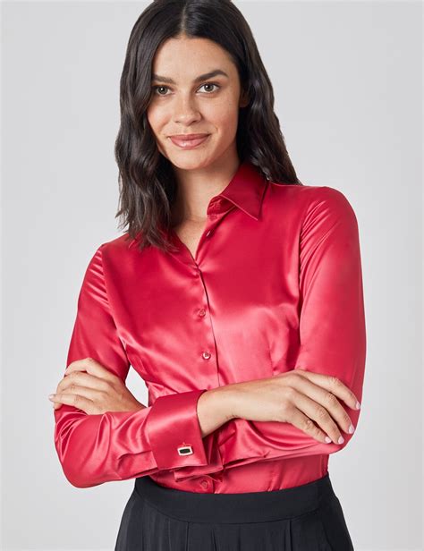 Womens Fitted Satin Shirt With Double Cuff In Red Hawes And Curtis