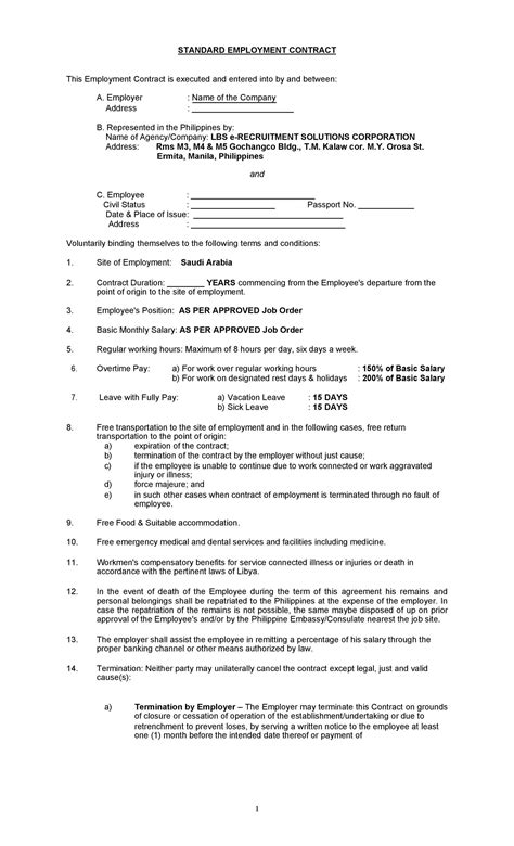 free employment contract standard employee agreement template