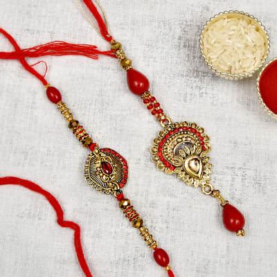 Metallic Finish Kundan Beads Embellished Bhaiya Bhabhi Rakhi Gift