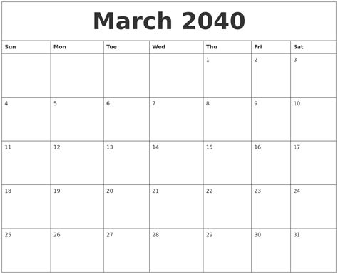 March 2040 Blank Calendar Printable