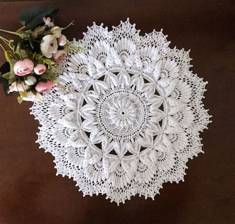 Large crochet doily, White cotton textured doily, Lace round doilies