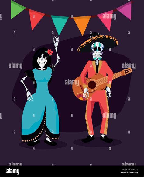 Day Of The Dead Pennants Skeletons Dancing Vector Illustration Stock