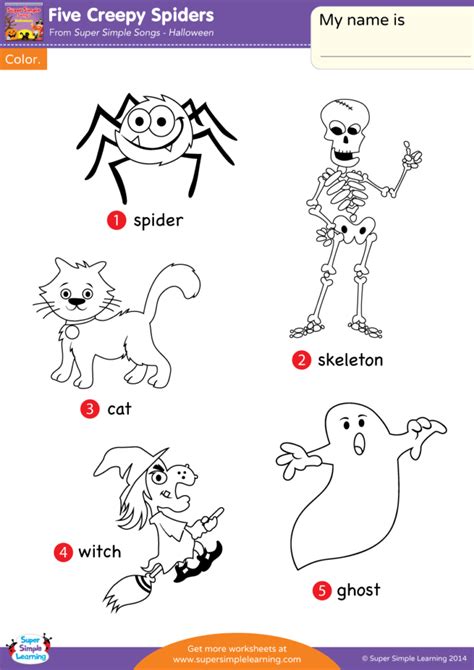 Five Creepy Spiders Worksheet - Vocabulary Coloring - Super Simple