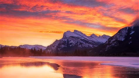 Vermillion Lakes Banff Np Snow Landscape Colors Water Reflections