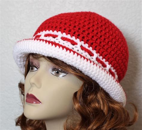 Red And White Womans Sun Hat Crocheted Brim Hat Handmade Travel Hat