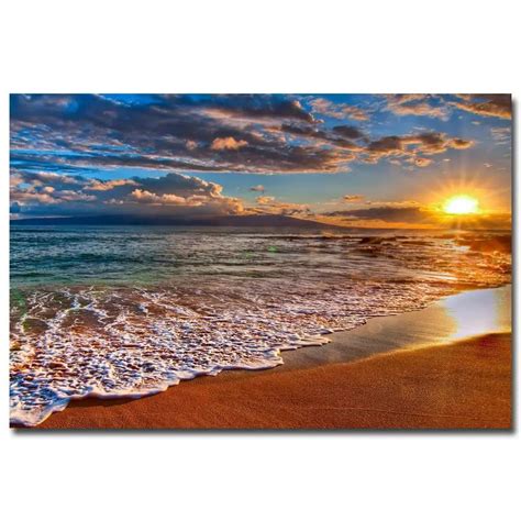Nicoleshenting Sunset Tropical Beach Ocean Sea Waves Art Silk Poster