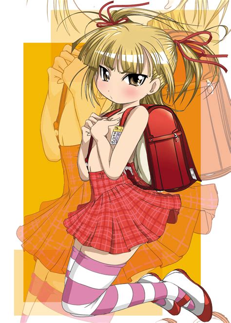 yuumin marui mitsuba mitsudomoe striped legwear highres 1girl backpack bag blonde hair