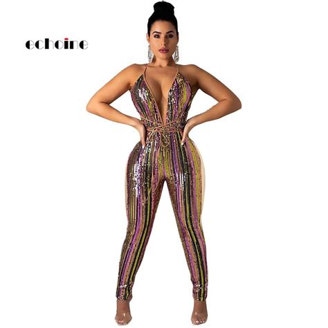 Echoine Jumpsuit Women Halter Sexy Striped Sequined Deep V Neck Lace Up
