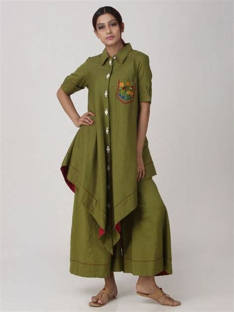 Olive Green Khadi Cotton Embroidered Asymmetrical Shirt Kurta Green Shirt Dress Simple Style