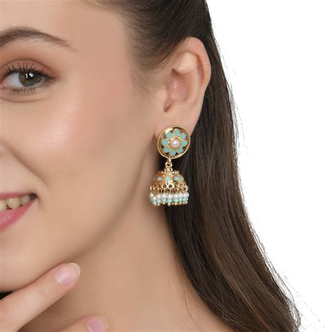 Buy Gold Toned Turquoise Enamel And Pearl Studded Jhumka Earrings