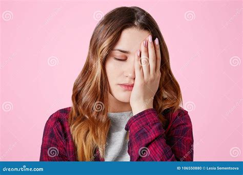 Fatigue Good Looking Young Woman Has Sleepy Expression Covers Eyes