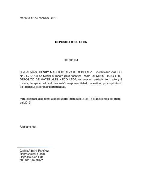 Marinilla 16 De Enero Del 2013 Deposito Arco Ltda Carta Laboral