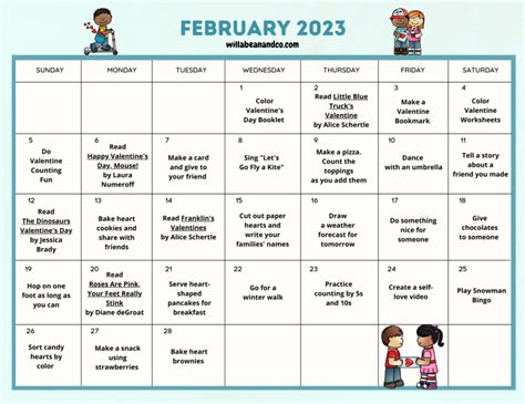 February Activity Calendar Willa Bean And Co