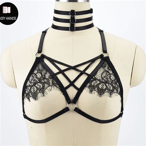Black Gothic Lace Bondage Top Body Harness Sexy Lingerie Harajuku Harness Cage Bra Elastic