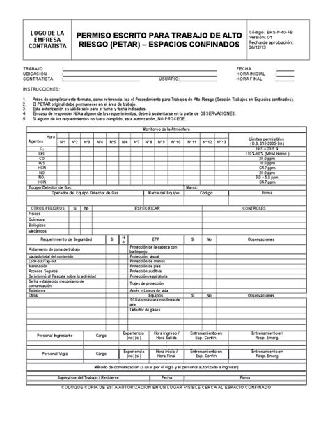 1026 Ehs P 40 Fb Permiso Escrito Para Trabajos De Alto Riesgo Petar