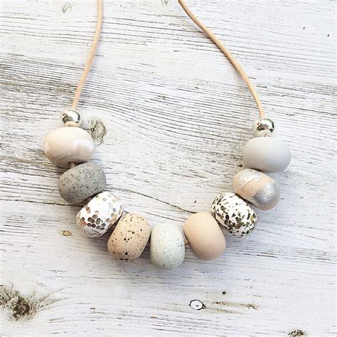 Soft Pastel Whites Greys Nude And Silver Handmade Necklace Polymer