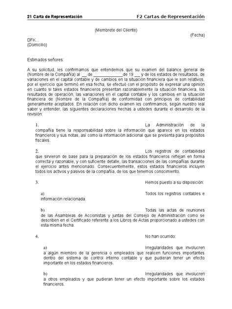 Carta De Representación Auditoria Externa Contabilidad Auditoría