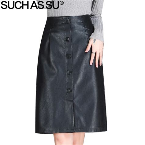 buy new 2018 fall winter pu leather skirt women black single breasted knee