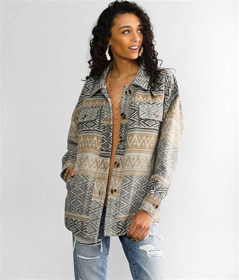 Mystree Brushed Knit Printed Shacket Womens Coatsjackets In Taupe Grey Buckle
