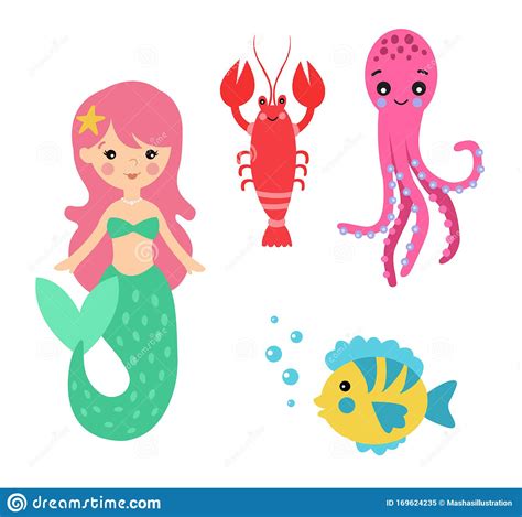 Little Mermaid Cute Cartoon Illustration Characters Stock Illustration