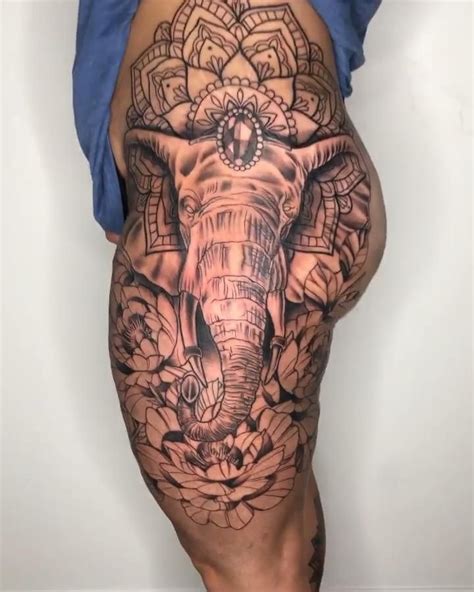 Cute side thigh tattoos for women with flowers and roses and small thigh tattoos for men. Elephant floral mandala thigh tattoo by @elijahakeem ...