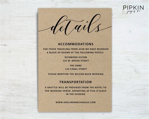 Wedding Details Template Wedding Information Card Rustic