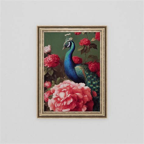 Victorian Peacock Antique Oil Painting Vintage Wall Art Light Academia