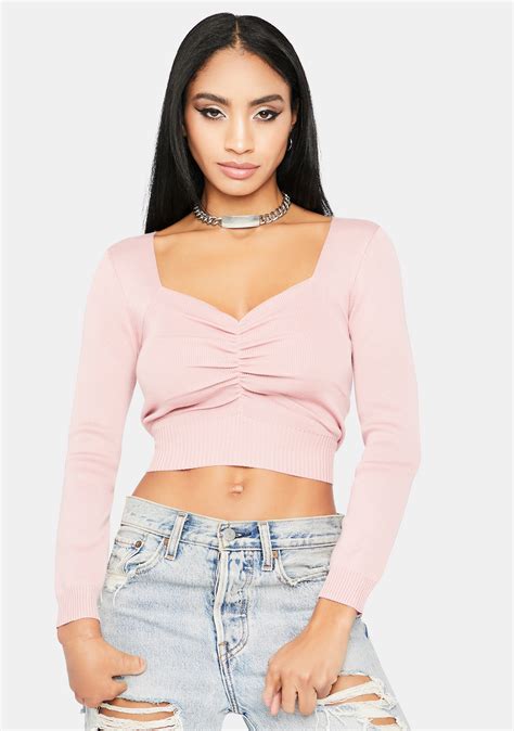 Ruched Bust Sweetheart Neckline Long Sleeve Crop Top Pink Dolls Kill