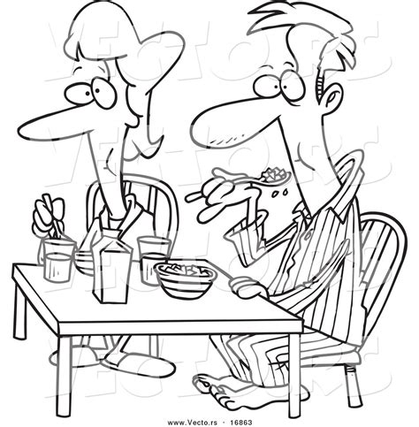 Vector Of A Cartoon Couple Eating Breakfast Together Coloring Page