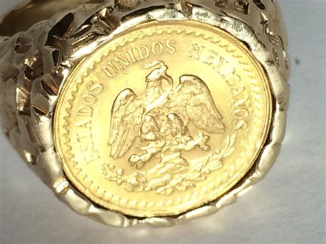 1945 Dos Pesos Coin Ring 22k Gold Coin 14k Textured Yellow Gold Band