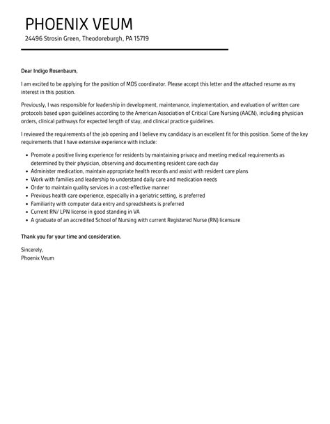 MDS Coordinator Cover Letter | Velvet Jobs
