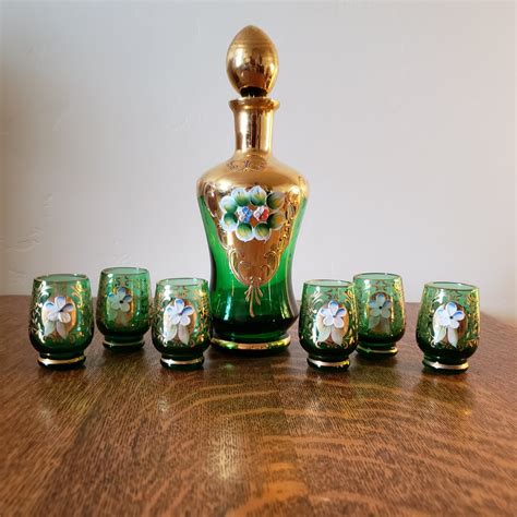 Green Italian Glass Decanter And Six Glasses Etsy Glass Decanter Decanter Glass