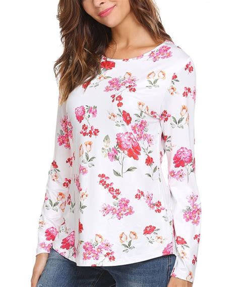 Women Casual Long Sleeve Flower Prints Asymmetrical Hem Blouse T Shirt