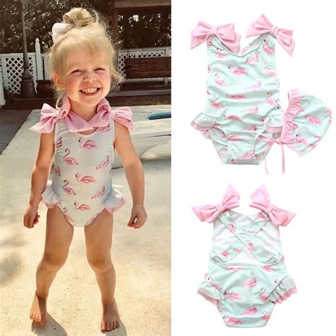 Ins Baby Girls Swimwear With Caps Lovely Bebe Flamingo Pattern Infant