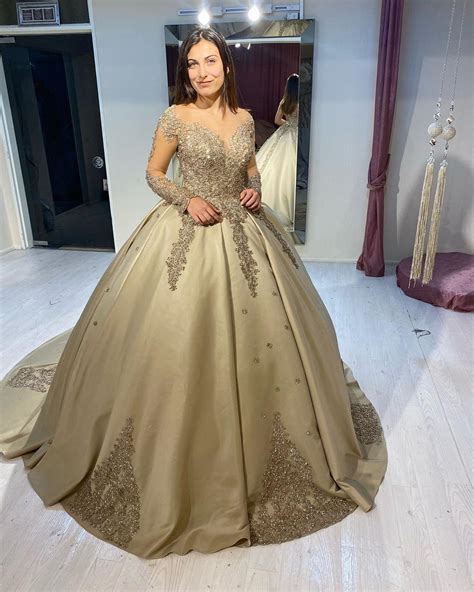 Arabic Aso Ebi Gold Lace Beaded Wedding Dresses Sheer Neck Bridal
