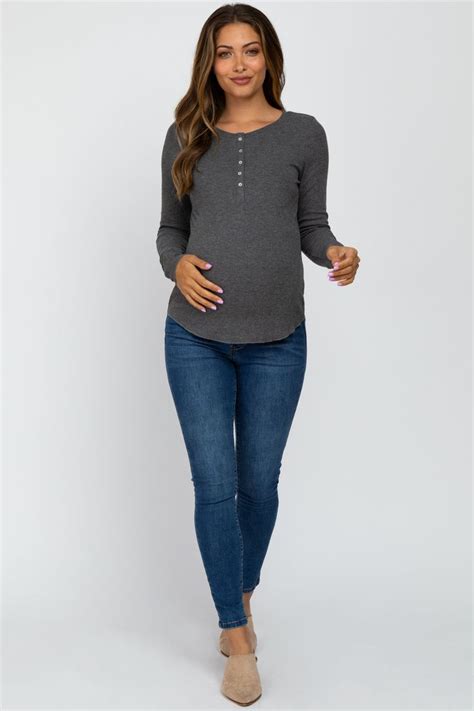 Charcoal Ribbed Button Front Long Sleeve Maternity Top In 2022 Maternity Tops Tops Pink