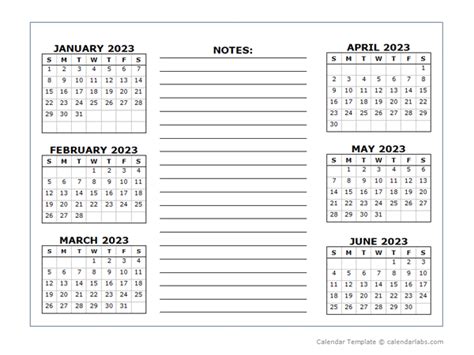6 Months Per Page Calendar Template 2023 Free Printable Templates