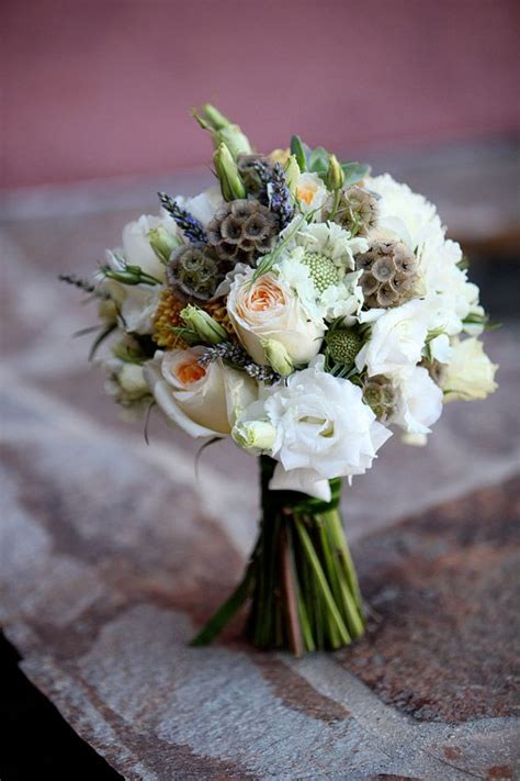 Rose Bouquet With Scabiosa Pods Blue Wedding Flowers Whimsical