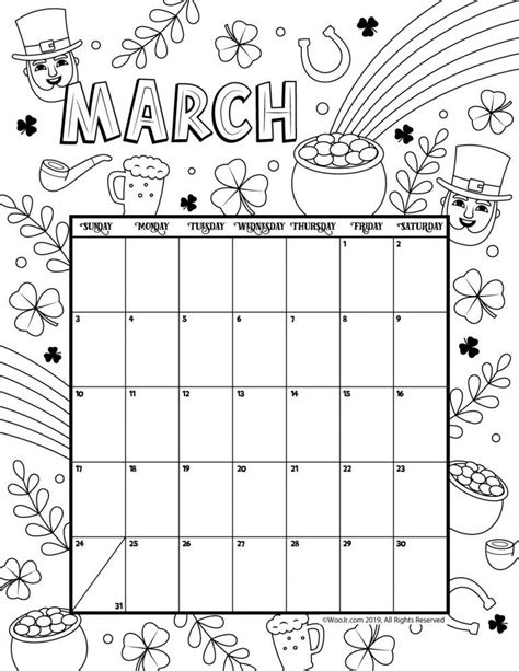 Printable Calendar Coloring Pages 2019 March Dallastuwillis