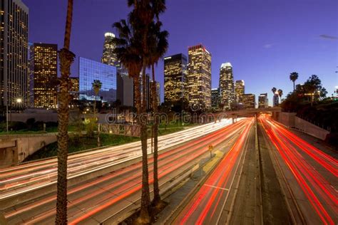 Los Angeles Downtown Skyline Stock Image Image Of Commuters Sunset