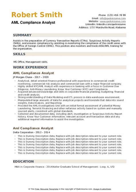 Aml Compliance Analyst Resume Samples Qwikresume