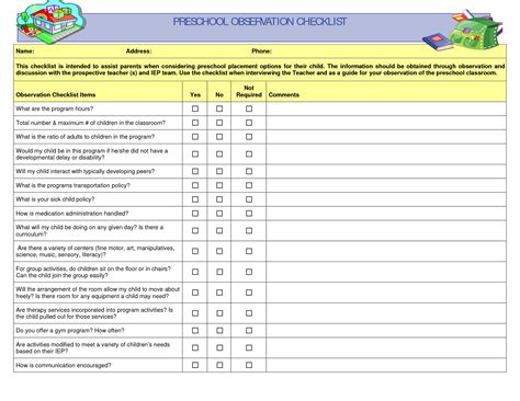 Preschool Teacher Observation Checklist Teacher