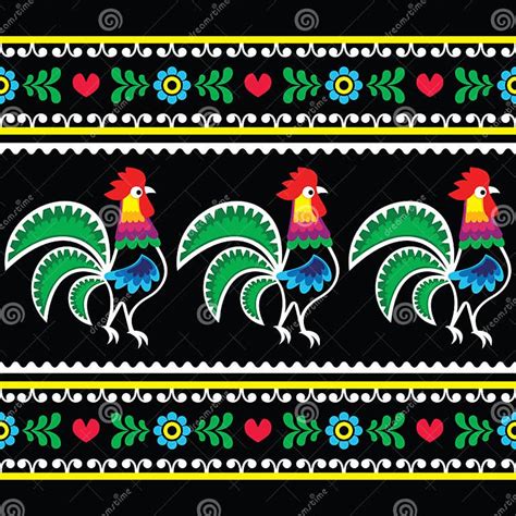 polish folk art pattern with roosters on black wzory lowickie wycinanka stock illustration
