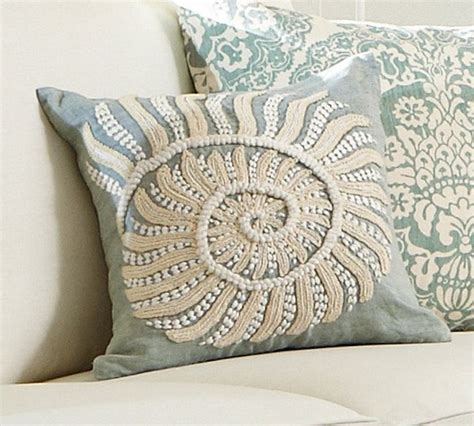 Blue Nautilus Embroidered Pillow Cover Beach Style Decorative