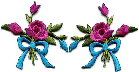 Mauve Roses Pair Flowers Floral Bouquet Embroidered Appliques Iron On