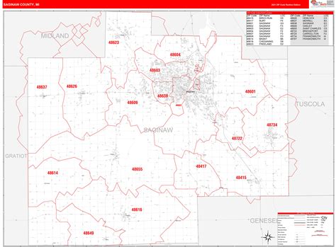 Saginaw County Mi Zip Code Wall Map Red Line Style By Marketmaps