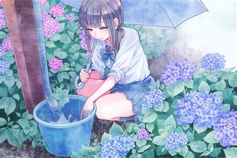Hd Wallpaper Anime Girl Crying Raining School Uniform Garden