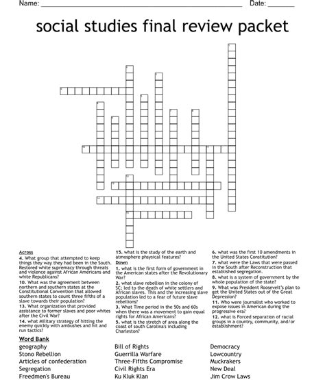 Social Studies Final Review Packet Crossword Wordmint