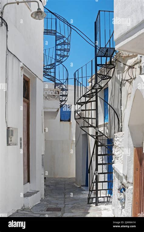 The Street Of Chora Naxos Greece With Spiral Staircases Stock Photo