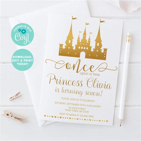 Editable Printable Princess Invitation Gold Princess Castle Etsy